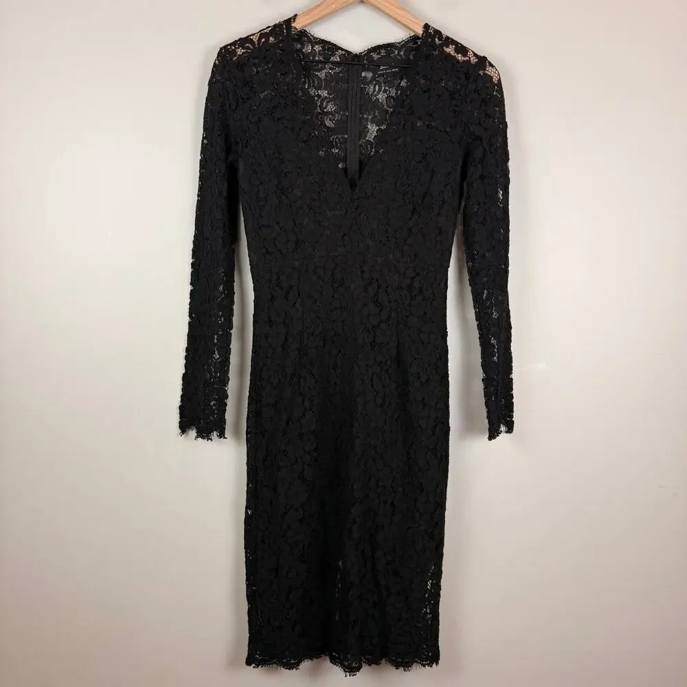 Bardot Dress Women 6 Black Floral Crochet Lace Zip Back V-Neck Long Sleeve Party